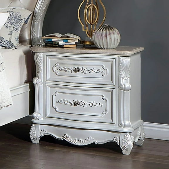 Miekor Furniture Pearl White Traditional 1pc Nightstand Only Solid wood 2-Drawers Round Knobs Bedside Table Genuine Marble Top on Night Stand Bedroom Furniture B3A589
