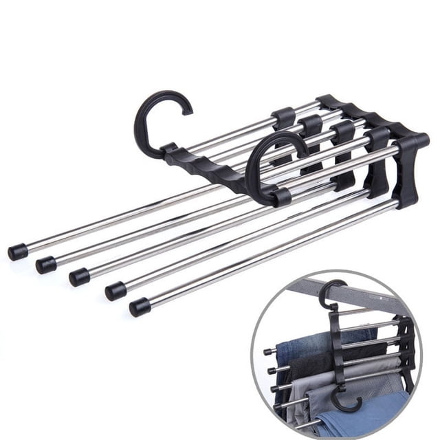 Xihbxyly Percha de Acero Inoxidable 5 En 1, Organizador de Pantalones Antideslizante, Barras Móviles para Un Uso Fácil, Almacenamiento para Corbatas, Bufandas y Cinturones, Ahorra Espacio En El Armar