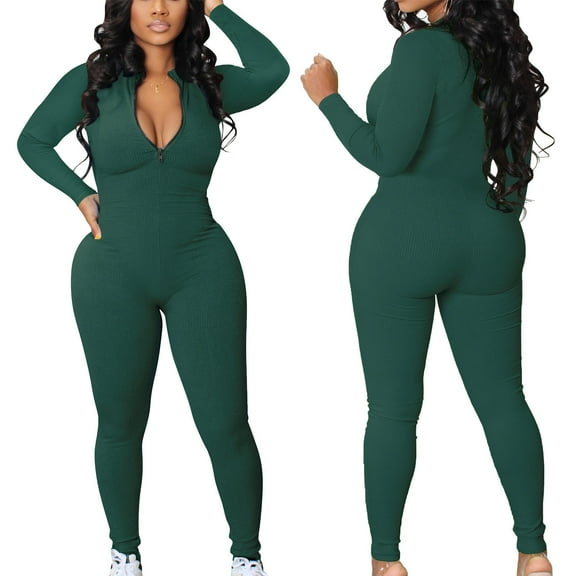 Leesechin Womens Jumpsuits Ribbed Bodysuit Ribbed Workout Rompers Long Sleeve Exercise Zipper Bodysuit