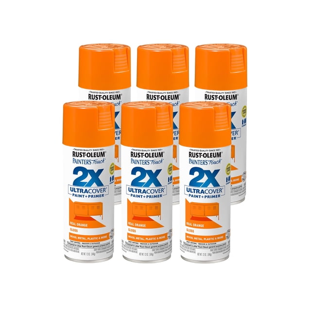 Rust-Oleum 249095-6PK Pintura en aerosol Painter's Touch 2X Ultra Cover, 12 oz, naranja real brillante, paquete de 6