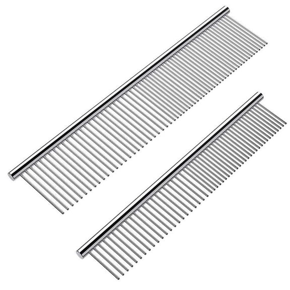 2 Pack Dog Combs with Rounded Ends Stainless Steel Teeth, Cat Comb for Removing Tangles and Knots, Professional Grooming Tool for Long and Short Haired Dog, Cat and other pets, 6.3IN/7.4IN