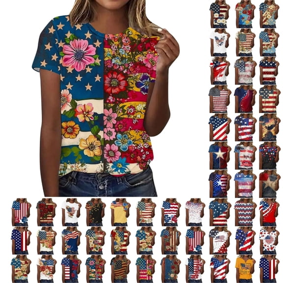 ShiShine Women's 4th of July Graphic Tee Tops Summer Short Sleeve Crew Neck Shirts Dressy Independence Day Blouses for Women S-3XL