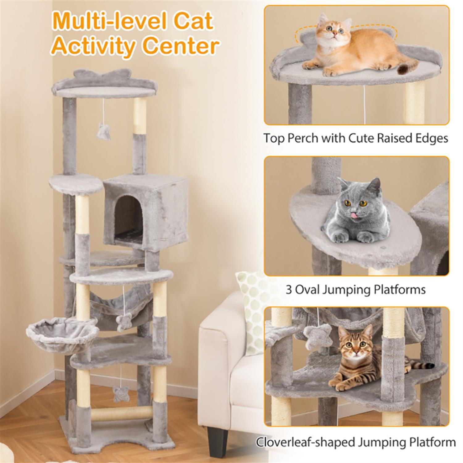 Kadyn 69" Modern Cat Tree with Toy, Cat Tower Condo for Indoor Cats with Cozy Condos, Sisal Scratching Posts and Top Perch, Beige
