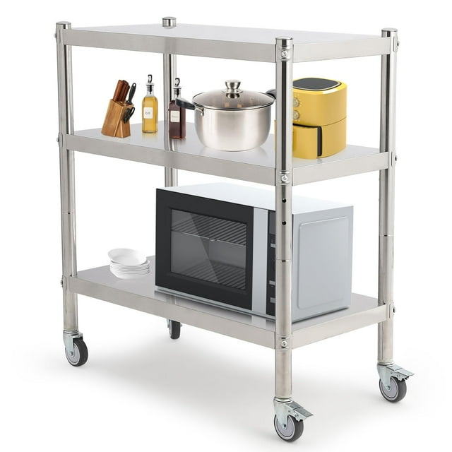 QinaQin Étagère de Rangement en Acier Inoxydable à 3 Niveaux, Unité d'Étagères Robustes Réglables 32 x 16 x 36 Pouces avec Roulettes