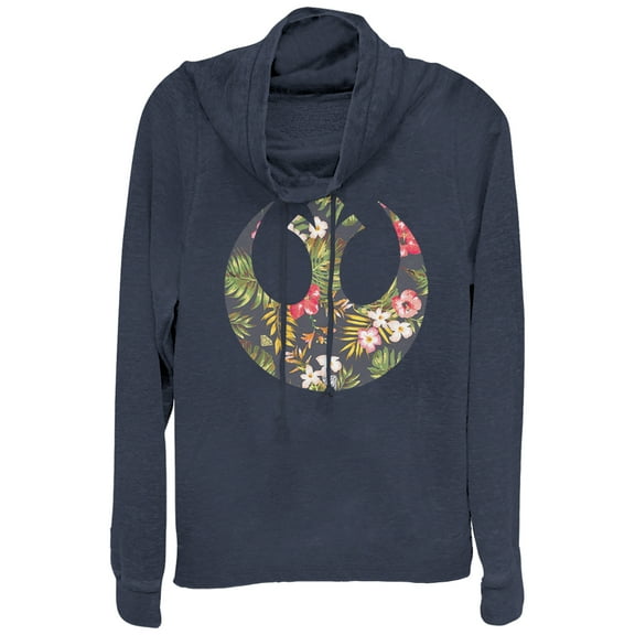 Junior's Star Wars Rebel Alliance Floral Print Cowl Neck Sweatshirt Navy Blue Small