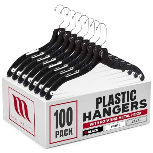 Mainetti 5400 Black Plastic Hangers - 100 Pack with 360 Swivel Metal Hook and Notches for Straps, Great for Shirts/Tops/Dresses/Jackets, 17-Inch