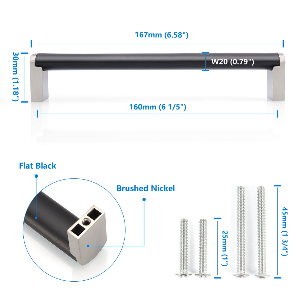Fulgente 10 Pack 160mm Matte Black and Nickel Cabinets Handles for Kitchen Bathroom Drawer Door Cupboard Pulls 6-1/5'' Hardware Pull  and Handle 6-1/5inch Center to Center Stainless Steel