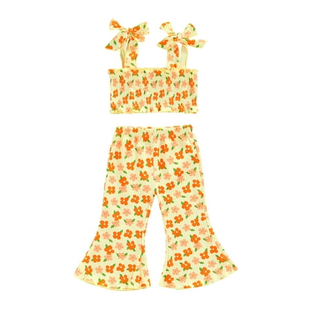 

Bebiullo Toddler Girl Bell Bottom Romper Baby Floral One Piece Ribbed Cotton Jumpsuit Flare Pants Overalls Playsuit Summer Clothes Yellow 18-24 Months