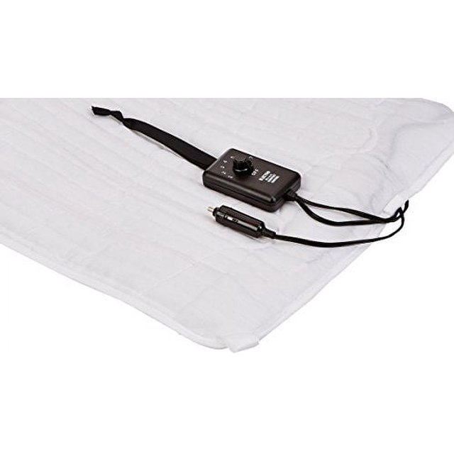 Electrowarmth Twin Heated Mattress Pad, non-fitted, size 36 x 60, Model# T36 12V, ideal for trucks, RVs, and campers. Features a white quilted surface with an attached black comfort control dial and power cord for adjustable heat settings. Suitable as a bunk warmer for cold nights.