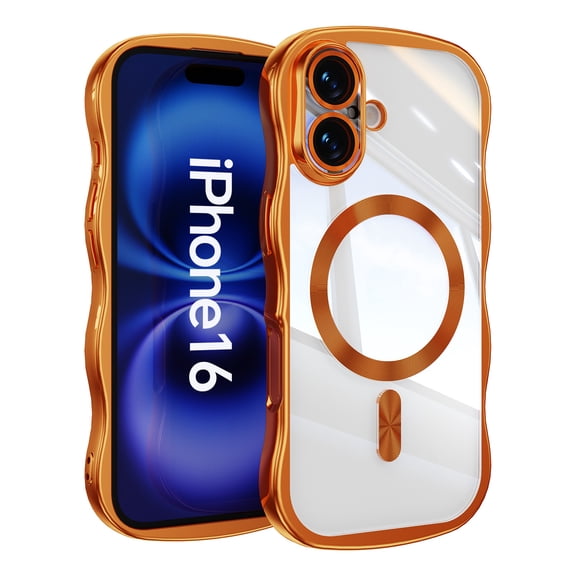 Magnetic For iPhone 16 Phone Case,Cute Wavy Frame,Compatible with Mag-safe,Ultra Slim Shockproof Anti-fall Protection,Rugged Durable Electroplated Bumper Thin Phone Case,Orange