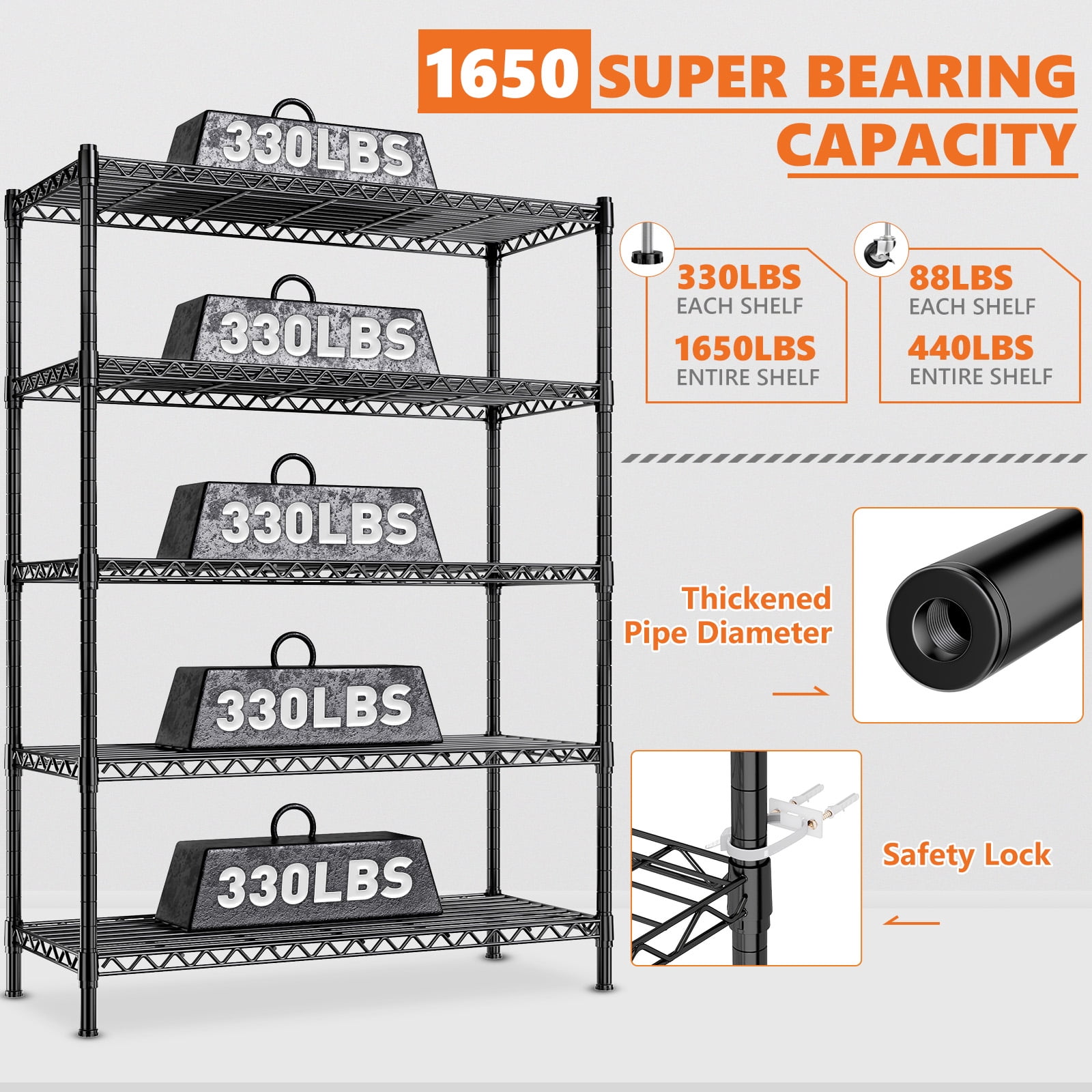 REIBII 73"H Storage Shelves 1650LBS Wire Shelving Unit with Wheels 5 Tier Heavy Duty Metal Shelves for Storage Rack,73"H x 35"W x 15"D