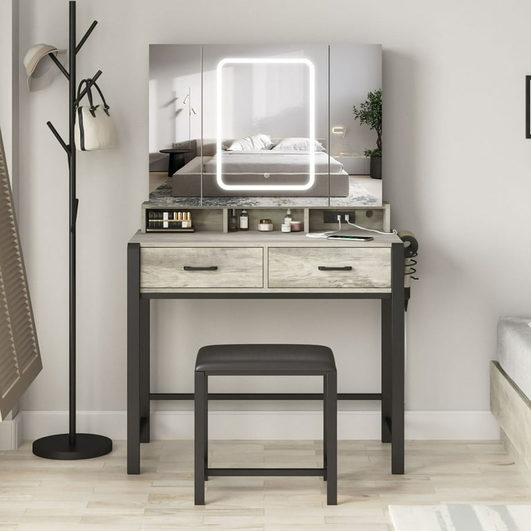 35.4in Makeup Vanity Desk with LED Lighted Mirror and Power Strip