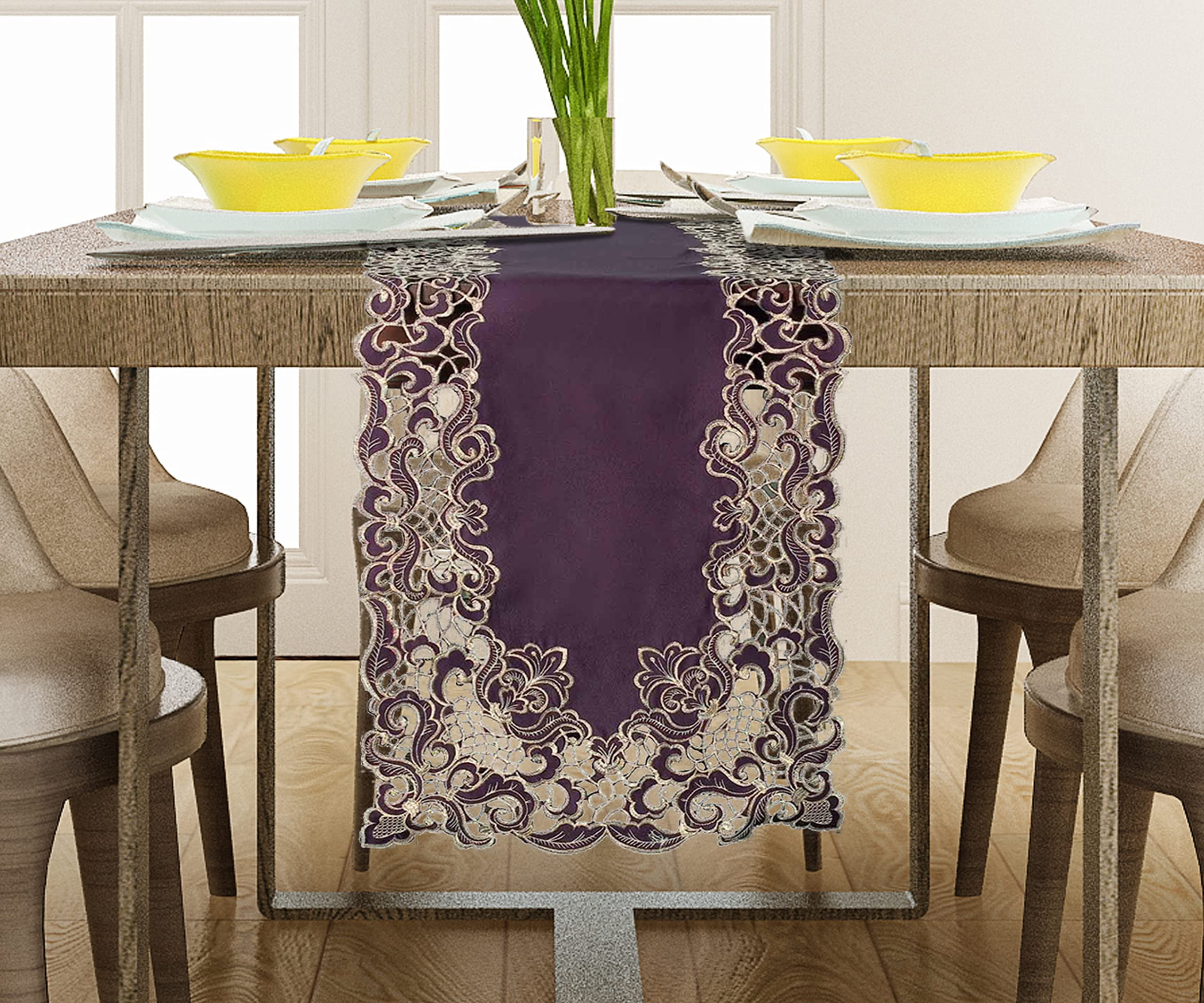 Gold Lace Plum Table Runner - Dresser Scarf European Embroidery - Perfect for Kitchen Dining Room Home Decor Wedding Receptions - 14 x 108 inches - The Granada Collection