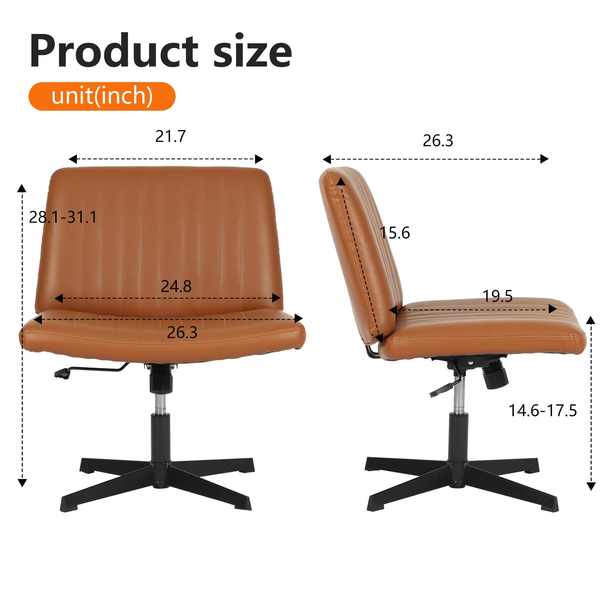 NiamVelo Criss Cross Chair, Armless Cross Legged Desk Chair Wide Seat Computer Task Chair Modern Height Adjustable Mid Back Chair No Wheels （Brown）