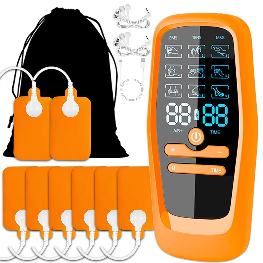 Multi-Functional Handheld Pulse Massager with 24 Modes and Dual Channels, Rechargeable EMS TENS Device with 10 Adhesive Pads and LCD Display for Daily Body Relaxation and Grooming