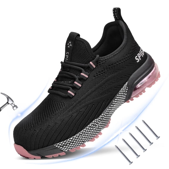 SPIEZ® Women's Composite Toe Safety Shoes,Breathable Non Slip Work Shoes,Lightweight Safety Sneakers with Air Cushion-Black Pink,Size 7.5