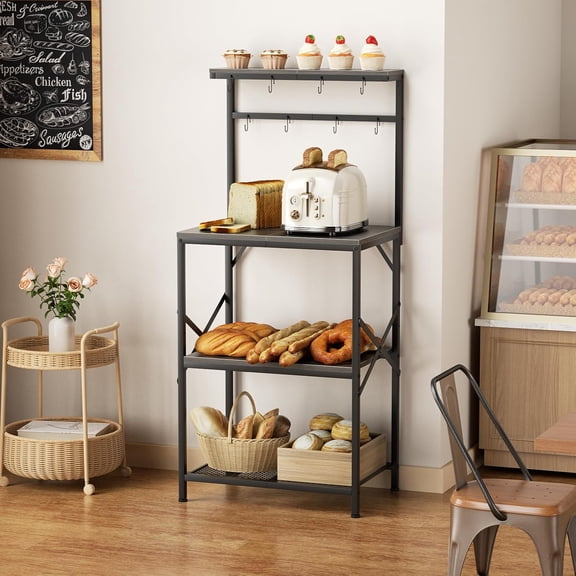 Microwave Oven Stand with Power Outlets 4 Tiers Kitchen Bakers Rack with 8 S Hooks, Adjustable Shelf