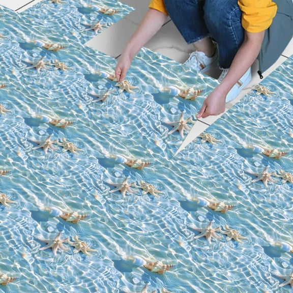 10PCS, 2D/Flat clear seawater, shell, starfish, fresh air pattern PVC floor stickers, self-adhesive floor art stickers, 11.81x11.81 inches (30×30cm), suitable for floor decoration in bedrooms, living