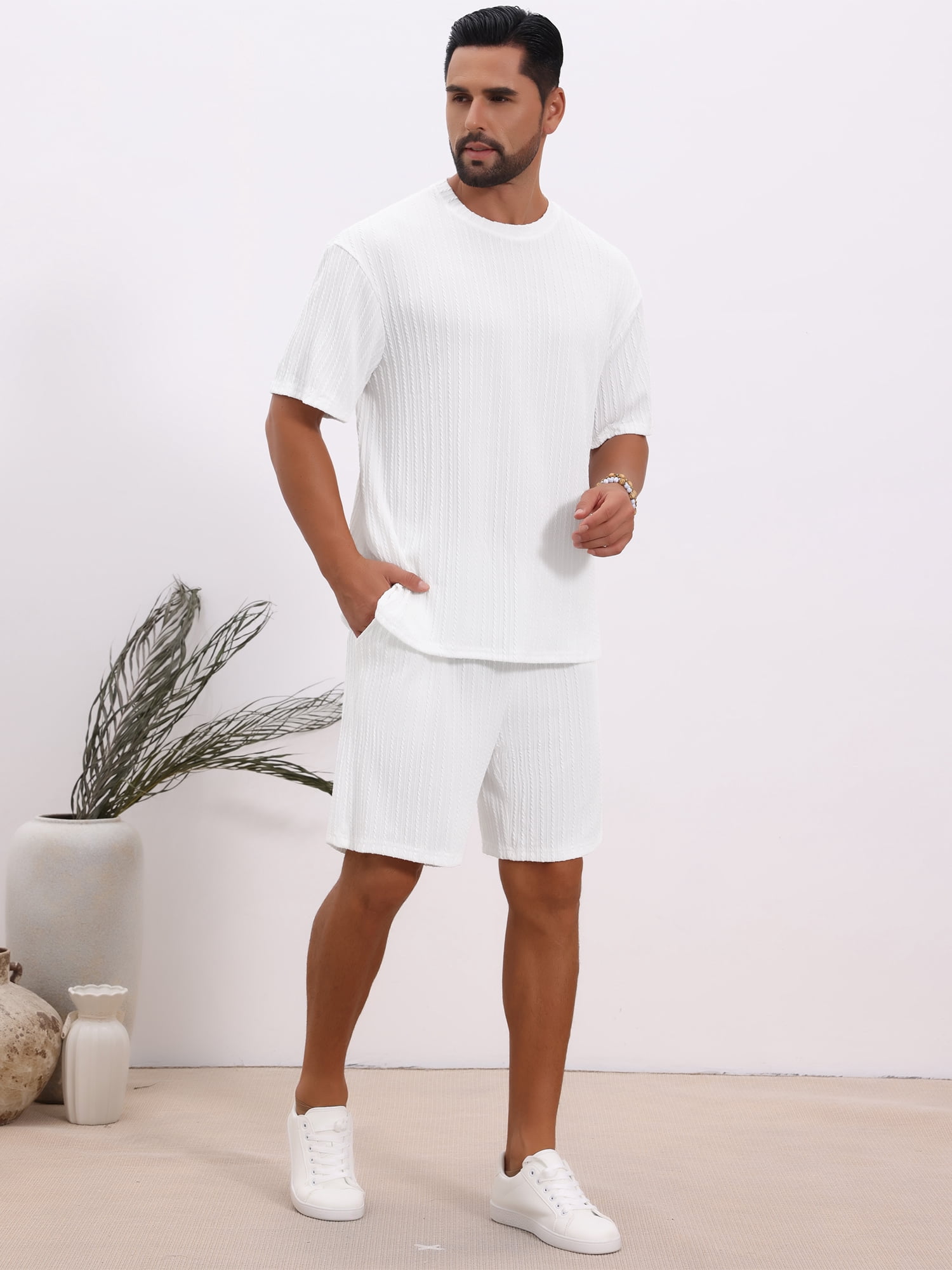 DARING DIVA Men's 2 Pieces Texture Crew Neck Shirt Top and Shorts Outfits 2XL White