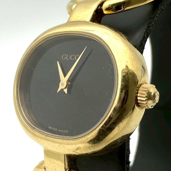 Pre-Owned GUCCI 1600 Bangle Watch GP Quartz Black Gold Women's