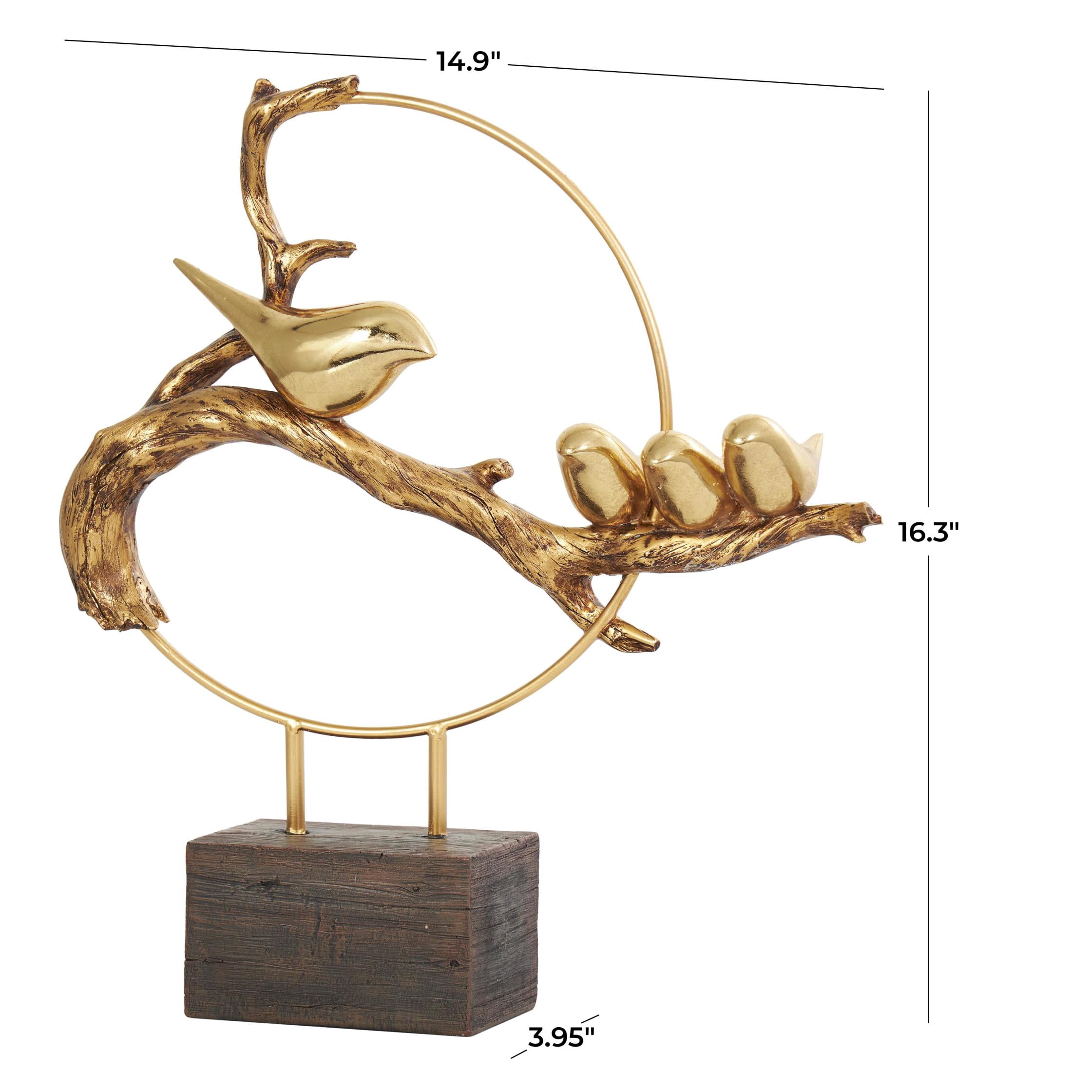 15" x 16" Gold Polystone Family On A Branch Bird Sculpture with Brown Block Base, by DecMode