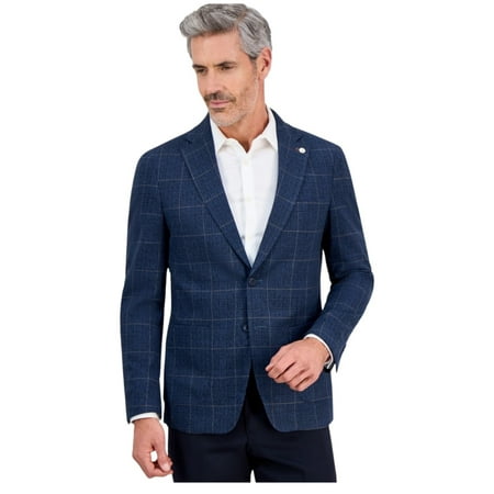 Tom Baine Mens Slim fit Sport Coat Blazer 46 R Navy Blue Plaid Stretch