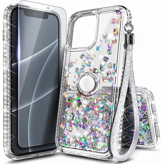 NGB SUPREMACY For iPhone 12/12 Pro Phone Case Screen Protector Ring Holder Wrist Strap Lanyard Shiny Sparkly Glitter iPhone 12/12 Pro Case Cover
