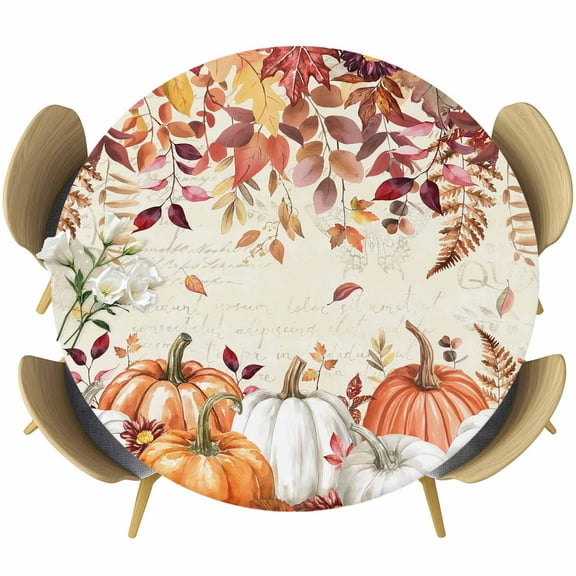 Fall White Pumpkin Round Tablecloth 36-44 Inch Round Fitted Table Cloth with Elastic Edge, Thanksgiving Orange Leaves Country Waterproof Table Cover Protector for Outdoor Picnic Party Dining