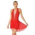 thumbnail image 2 of DPOIS Women Sleeveless Glitter Rhinestone Figure Ice Skating Dress Mesh Ballet Lyrical Dance Dress Red M, 2 of 7