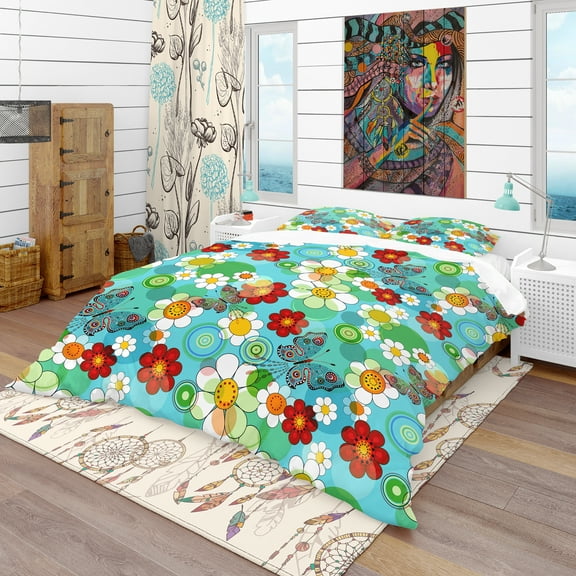 Designart 'Vivid Blue Floral Pattern' Bohemian & Eclectic Duvet Cover Set