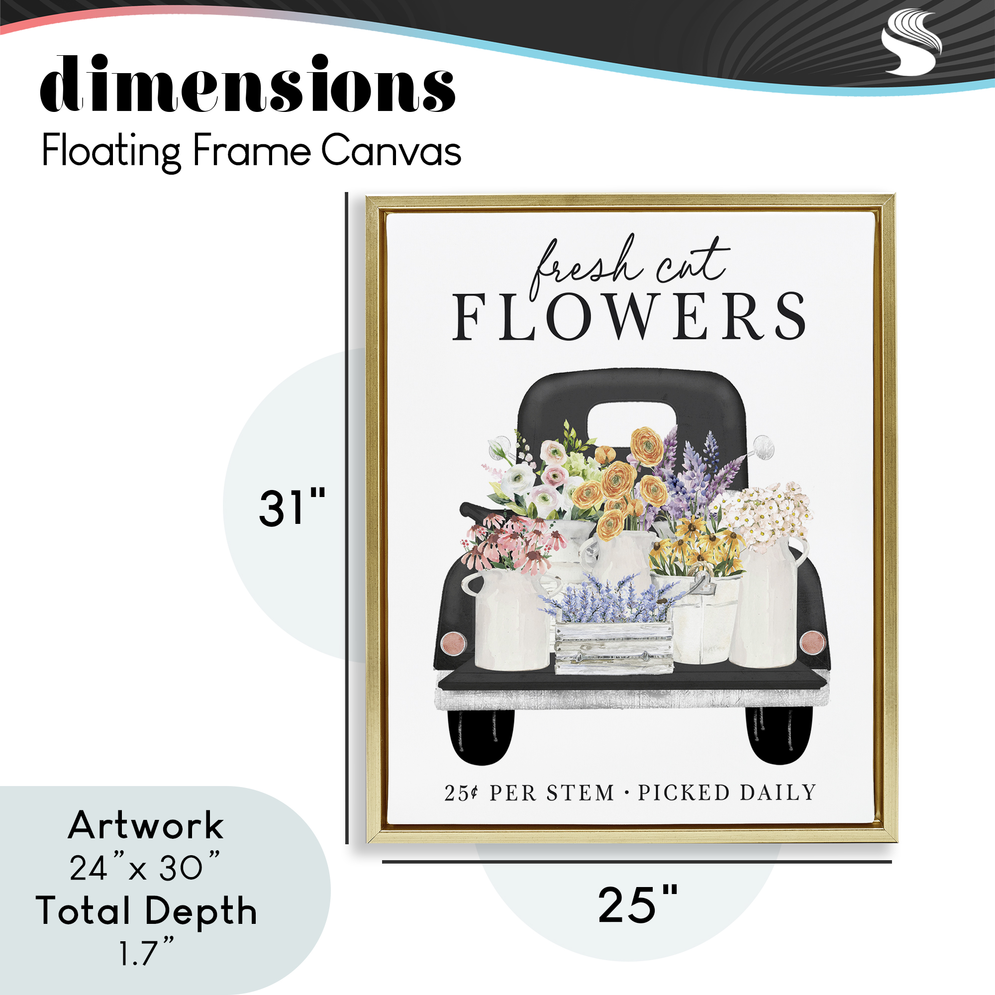 Fresh Flowers Picked Daily Gold Framed Floater Canvas Wall Art, design by Lettered and Lined