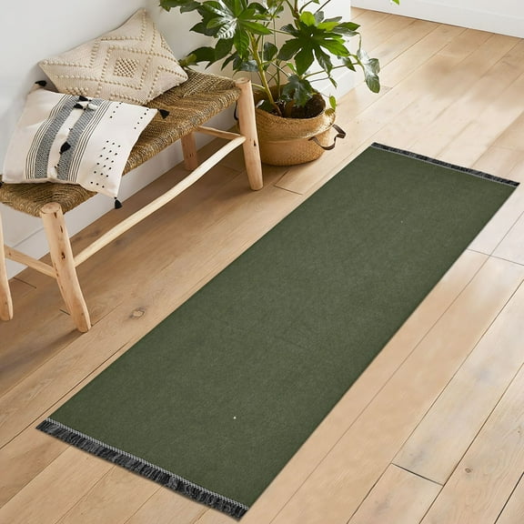 Ryvnso Olive Green Solid Bedroom Runner Rug 2'x6' Hallway Area Carpet Non Slip Entryway Mat with Tassels