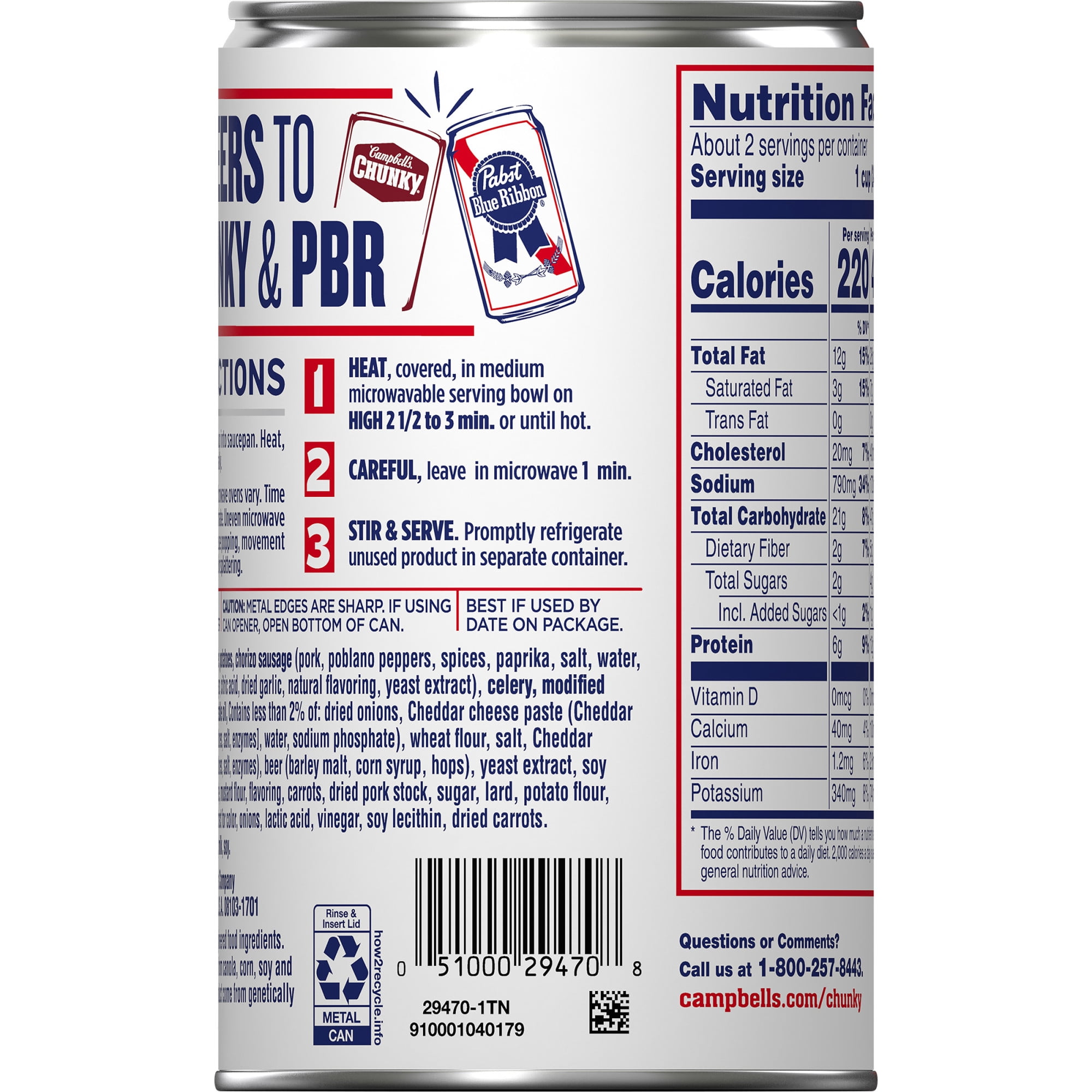 Campbell’s Chunky x Pabst Blue Ribbon Beer Cheese with Potatoes and Chorizo Soup, 18.8 oz Can