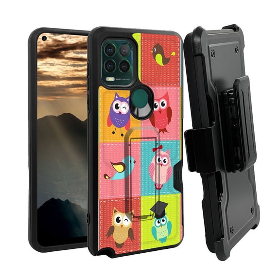 ANJ  Rugged Shockproof Holster Case w/Card Slot, Kickstand   Tempered Glass for Motorola Moto G Stylus 5G - Patchwork Owls