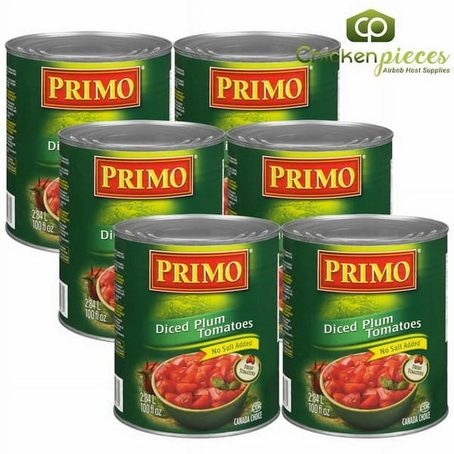 Primo Diced Plum Tomatoes No Salt Added, 2.84L/100oz – Bulk Foodservice 6/Case | Unsalted Diced Tomatoes for Cooking & Sauces