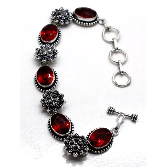 Red Garnet Gemstone 925 Sterling Silver Handmade Jewelry Bracelet Size-7-8"