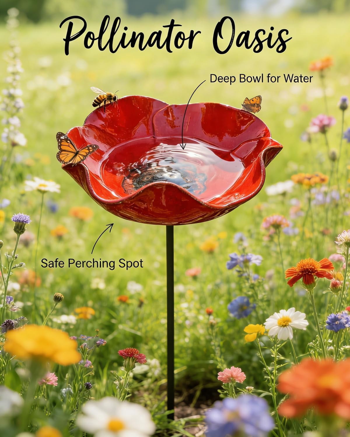 Metal Flower Garden Stakes Bird Bath, Handmade Bee Watering Station for Garden Outside, Mini Pollinator Water Station, Metal Flower Bird Bath Garden Stakes