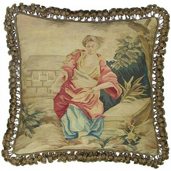 Aubusson Throw Pillow 22"x22", Country Woman Pink/Brown/Beige Handwoven