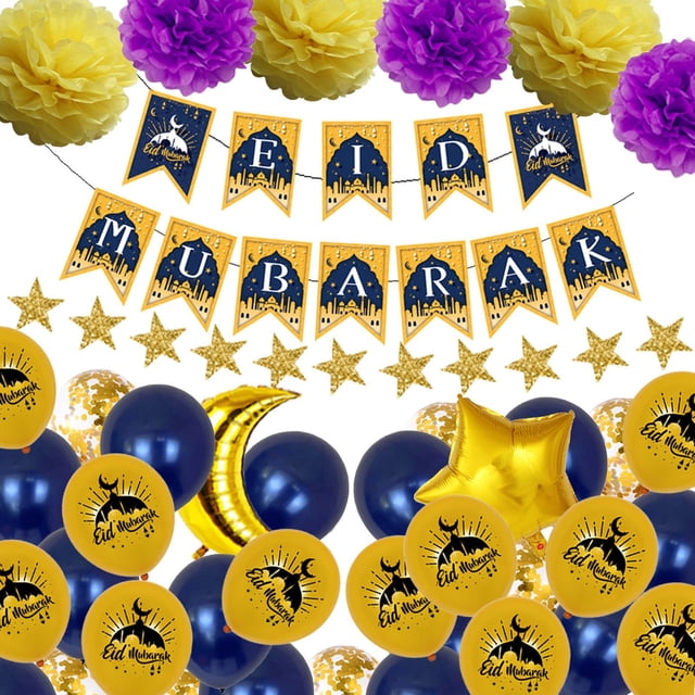 Eid Mubarak Banner Globos Conjunto de decoración de fiesta Fondo Foto Props Guirnalda para Eid Mubarak musulmanes Conjunto de decoración interior al aire libre Azul BLESIY Globos Eid