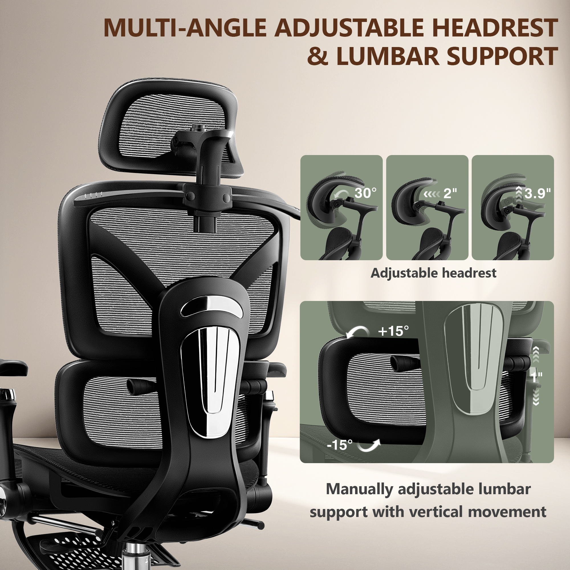 COOLHUT Ergonomic Mesh Office Chair with Footrest, Big and Tall Computer Desk Chair with Adjustable 6D Armrest, Lumbar Support and Headrest High Back Home Office Chair for Workspace, Gaming, Black