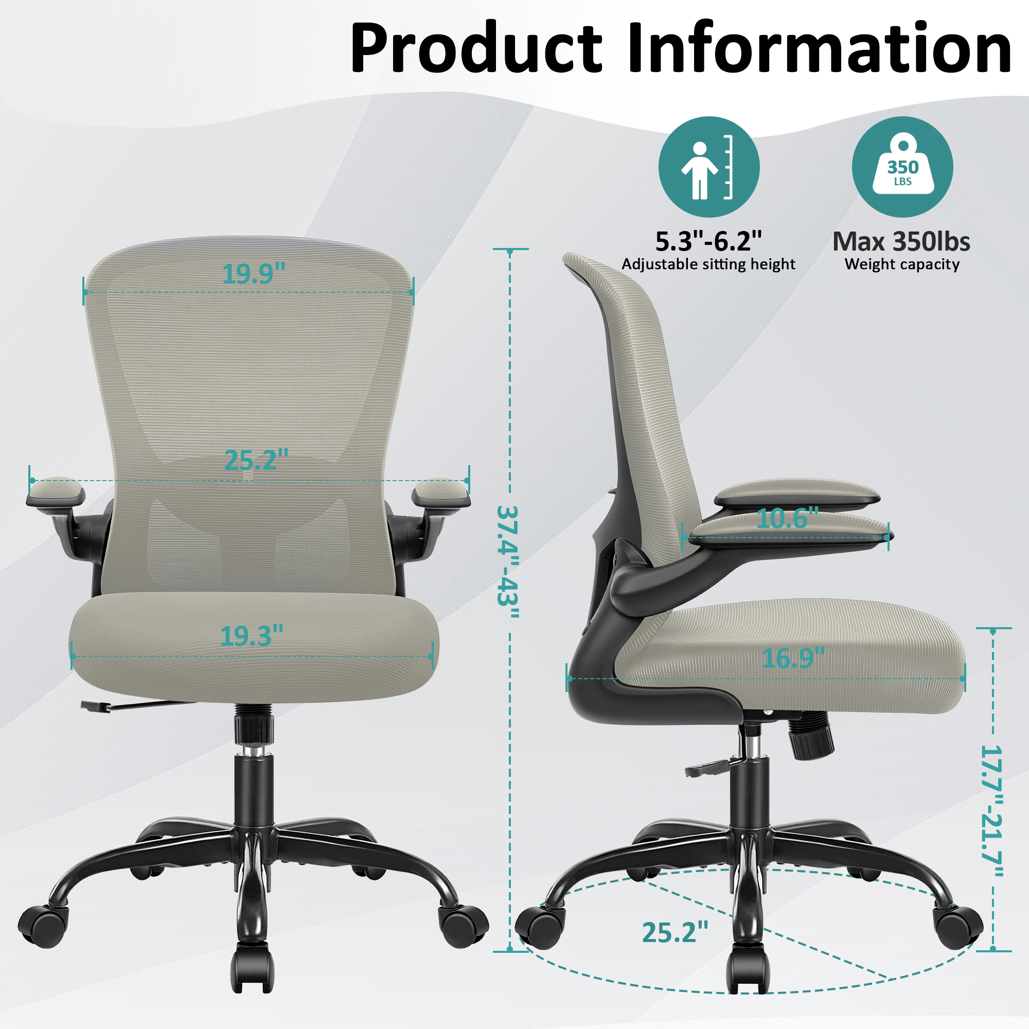 COOLHUT Office Chair, Ergonomic Desk Chair with Adjustable Lumbar Support, High Back Mesh Computer Chair with Flip-up Armrests-BIFMA Passed Task Chairs, Executive Chair for Home Office，Gray