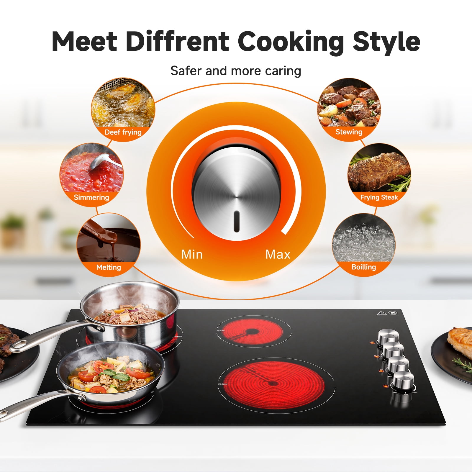 Sunmaki 30 Inch Coil Burner Electric Cooktops with 4 Burners 7000W Built-in Radiant Electric Stove Top with Knob Control, 220-240V