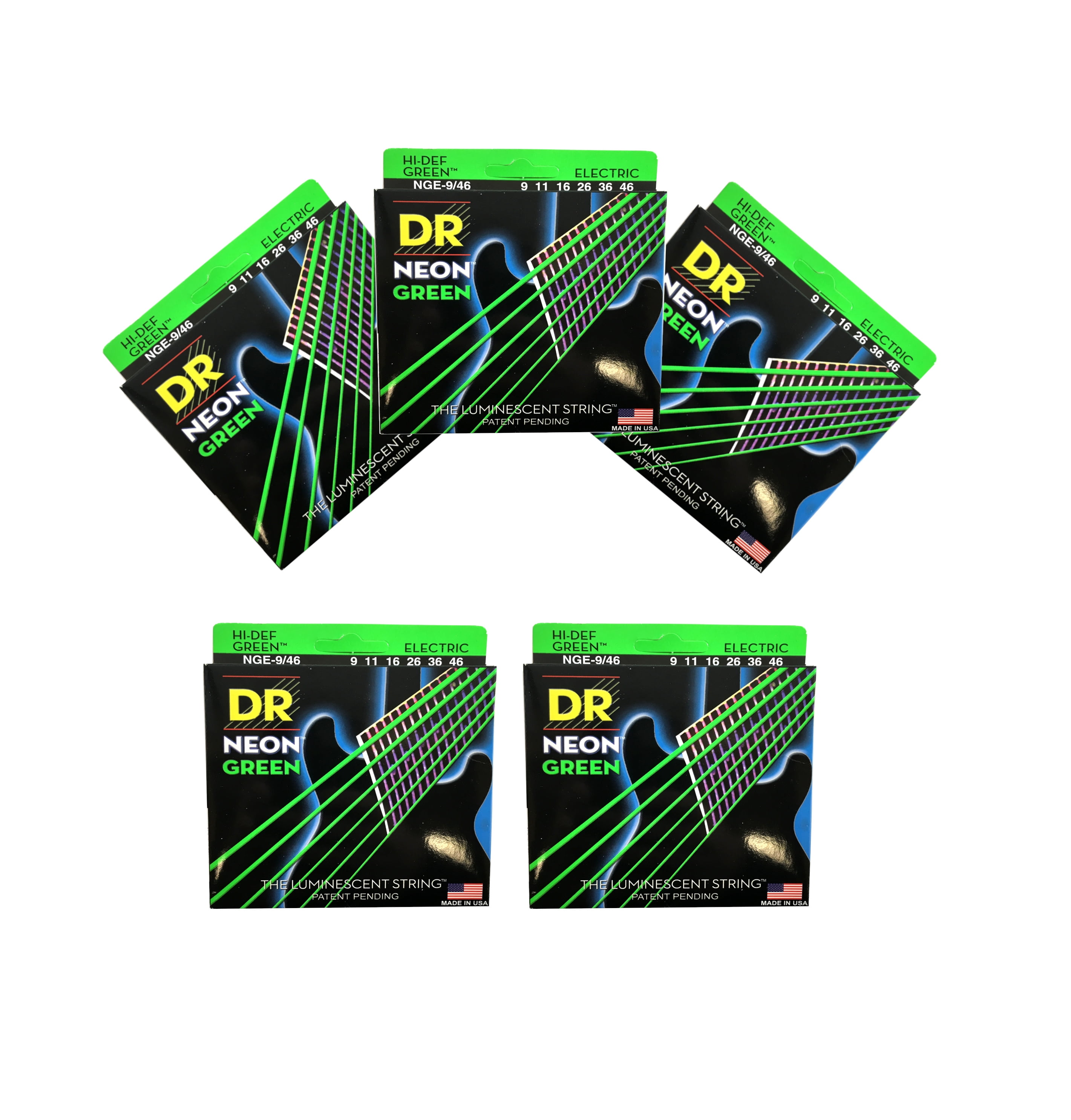 DR Guitar Strings 5 Pack Electric Neon Green 09-46 Light Tops - Medium Bottoms