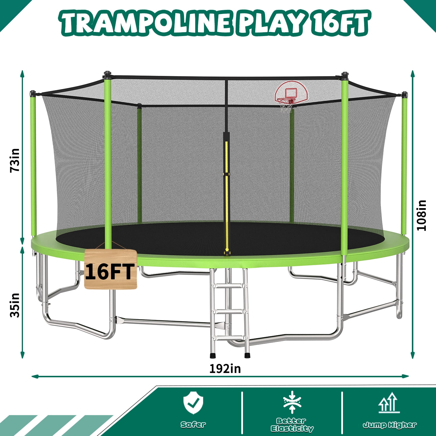 Alvantor 16Ft Trampoline for Kids & Adults, Upgrad Trampolines with Enclosure Net and Basketball Hoop for Backyard Green