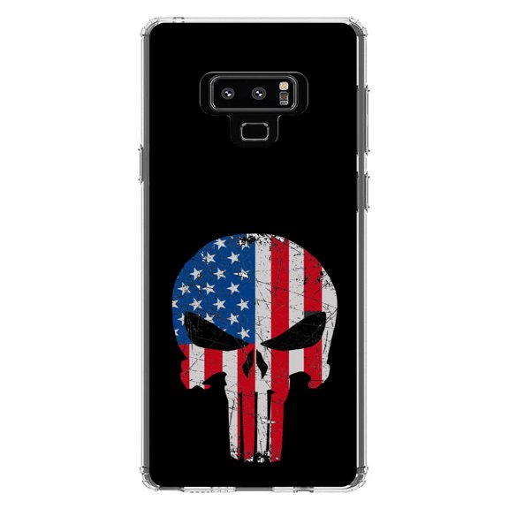 DistinctInk Clear Shockproof Hybrid Case for Samsung Galaxy Note 9 - TPU Bumper, Acrylic Back, Tempered Glass Screen Protector - US Flag Skull Red White & Blue