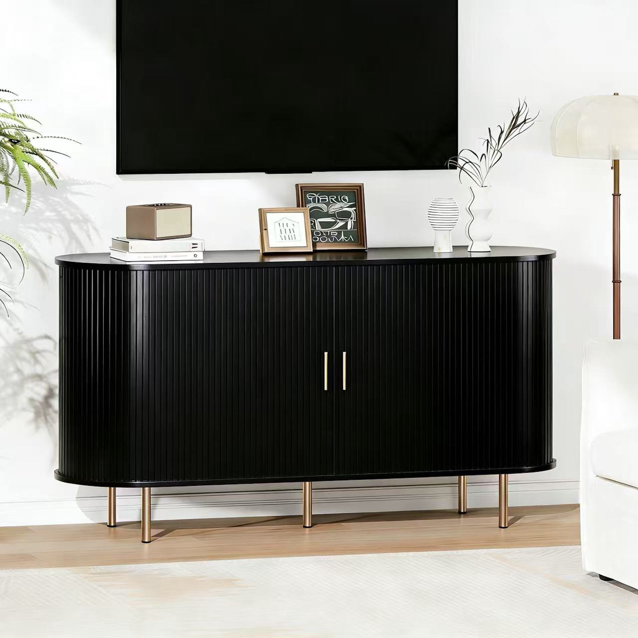 Aisword Sideboard Buffet Cabinet with Storage,Mid Century Modern Fluted Accent Coffee Bar Console Table,Tambour Sliding Doors& Adjustable Shelf for Kitchen, Living Room, Entryway, 55 Inch Black