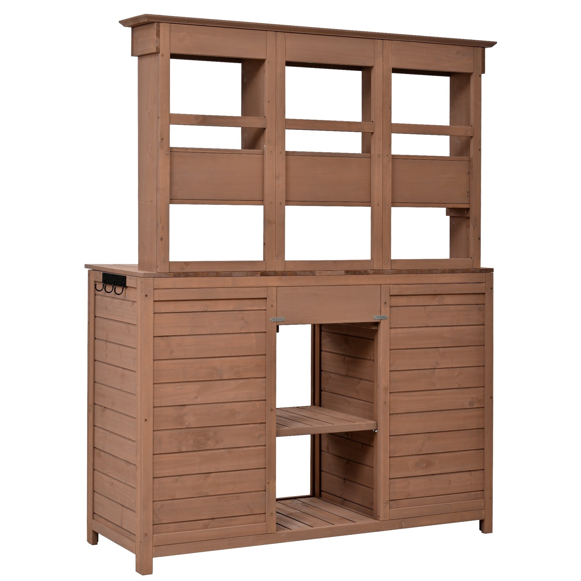 Sailvan 66" Wood Potting Bench Table with Hutch,Outdoor Kitchen Island Garden Workstation with 6 Drawers,2 Cabinets & Side Hooks Brown