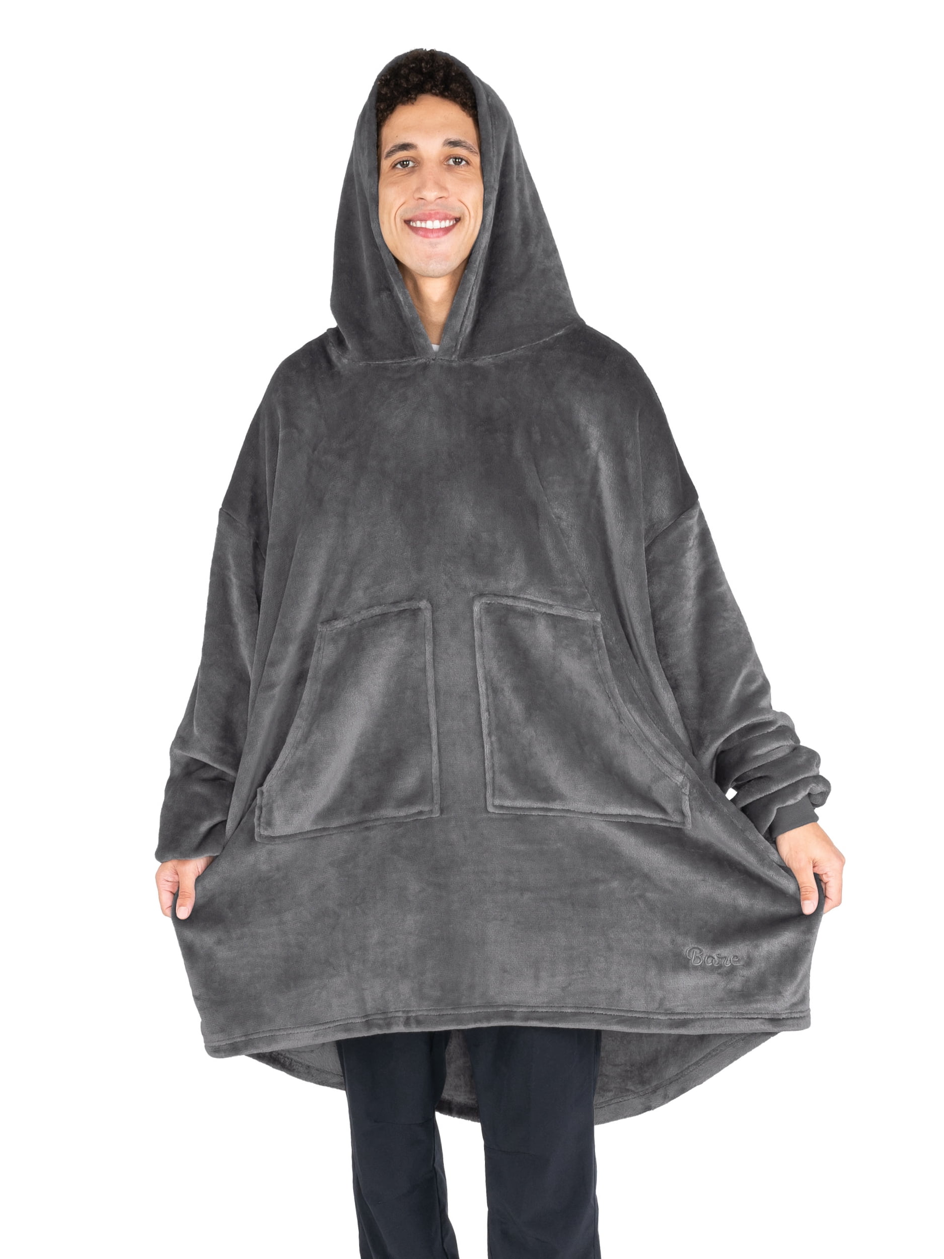 Bare Homey Adult Size Microplush Wearable Blanket, Split Front Pocket, Gray