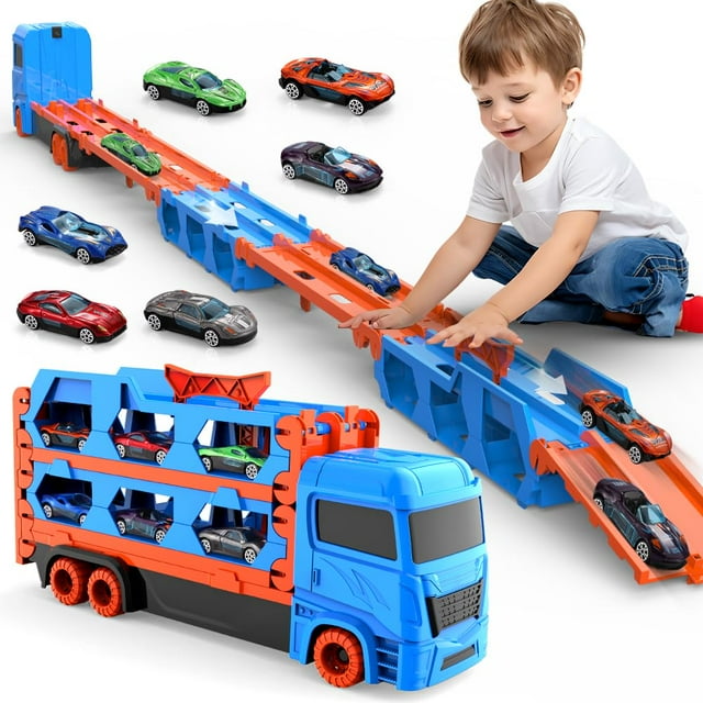 Tiaoniao Camión de transporte de juguete para niños Pista de carreras dual de 61 pulgadas y auto de expulsión 6 autos de metal y juego de camión portador de almacenamiento plegable Juguetes para autos