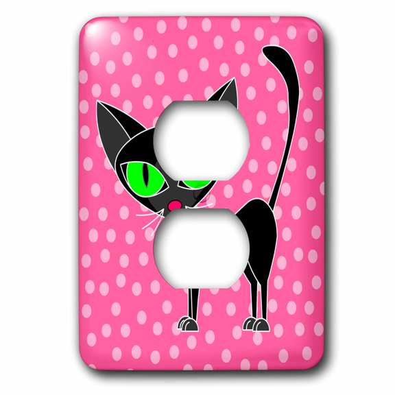 3dRose, Fancy Feline Black Cat Pink Dots Design, 2 plug outlet cover